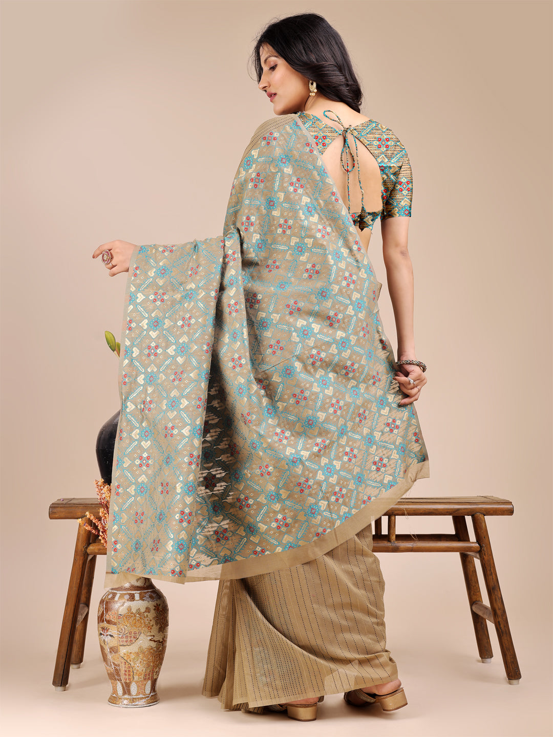 Shree Shyam Fashion Beige Cotton Woven Zari Work Traditional Tassel Saree