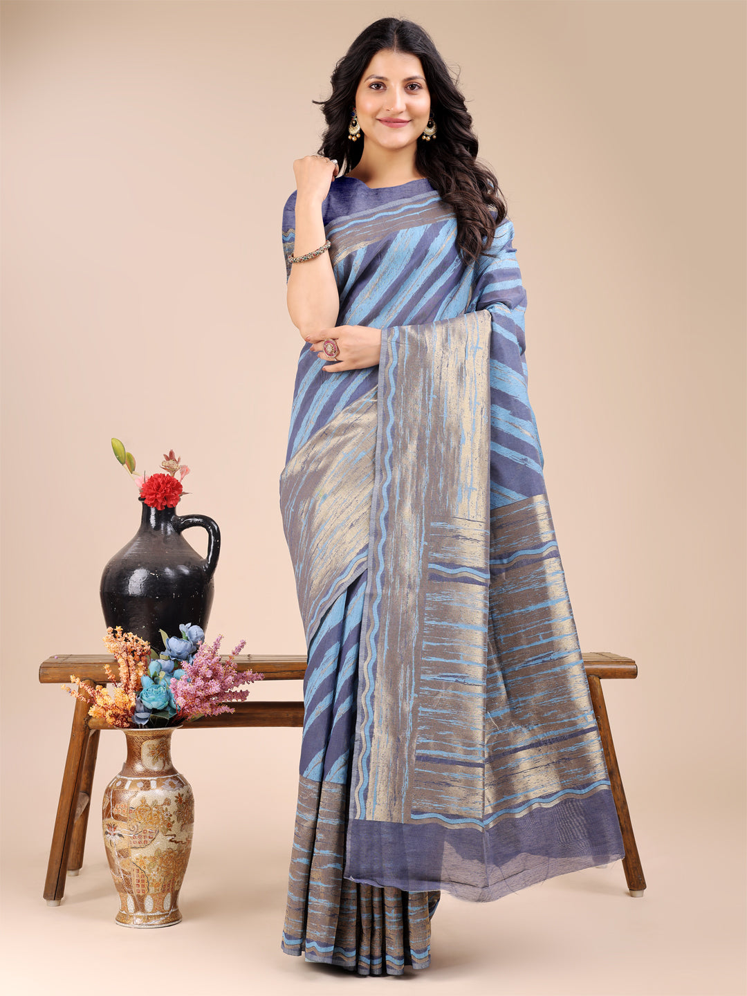 Shree Shyam Fashion Blue Cotton Woven Zari Work Traditional Tassel Saree