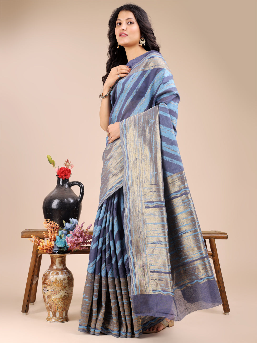 Shree Shyam Fashion Blue Cotton Woven Zari Work Traditional Tassel Saree