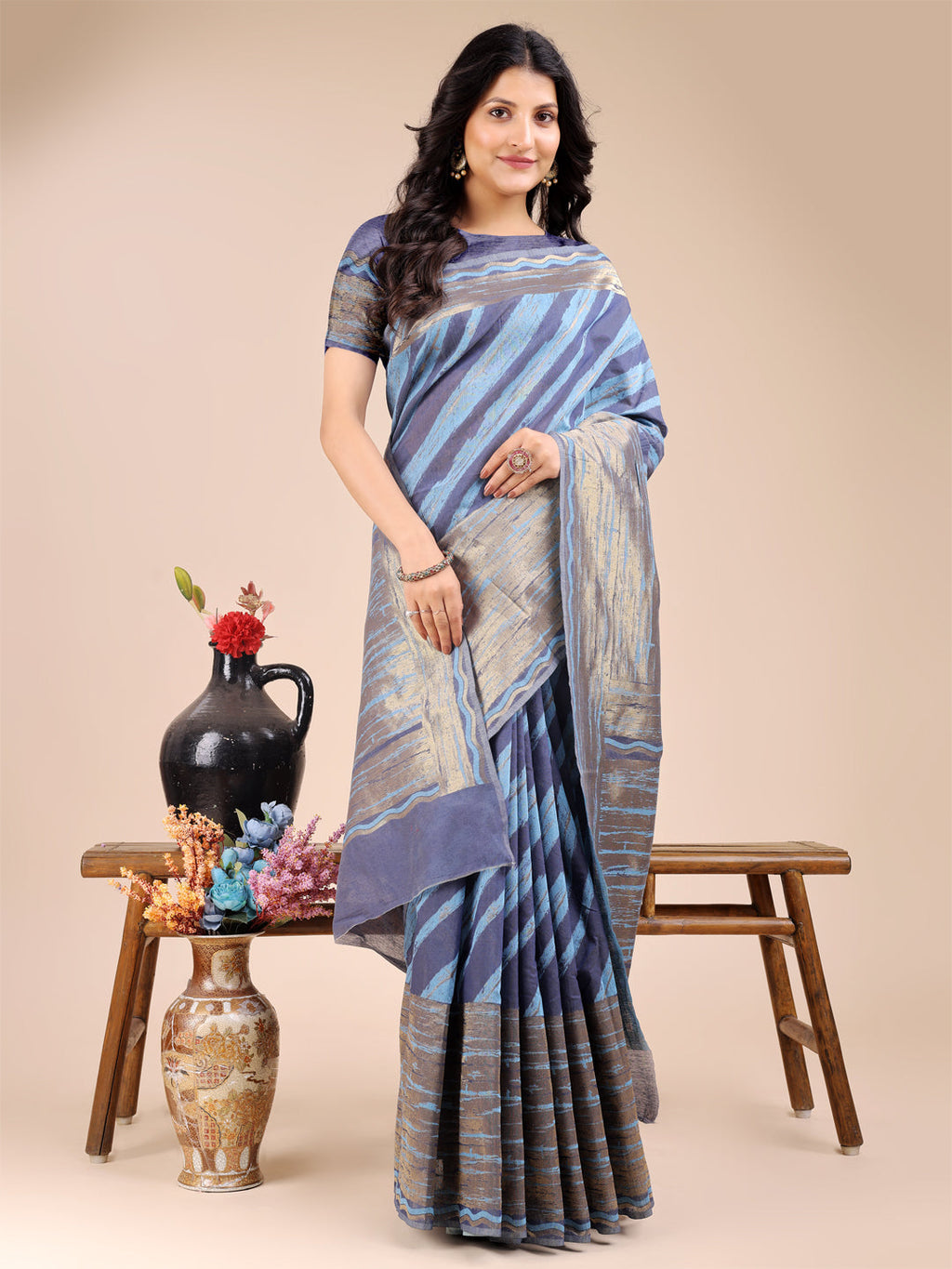Shree Shyam Fashion Blue Cotton Woven Zari Work Traditional Tassel Saree