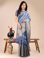 Shree Shyam Fashion Blue Cotton Woven Zari Work Traditional Tassel Saree