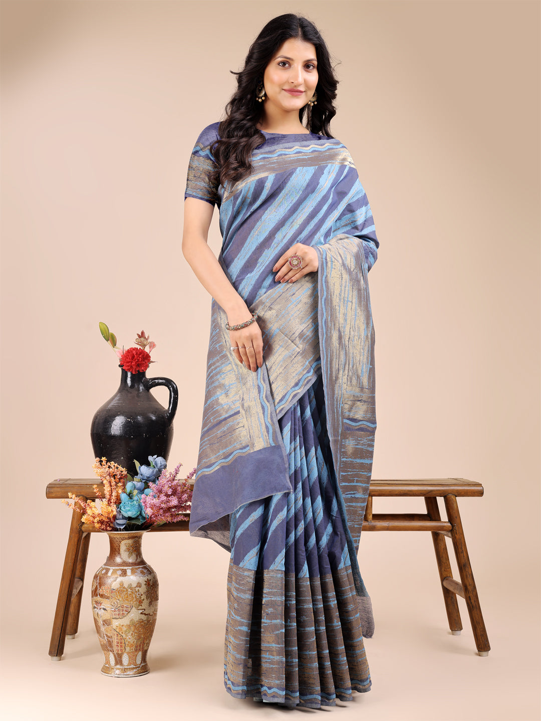 Shree Shyam Fashion Blue Cotton Woven Zari Work Traditional Tassel Saree