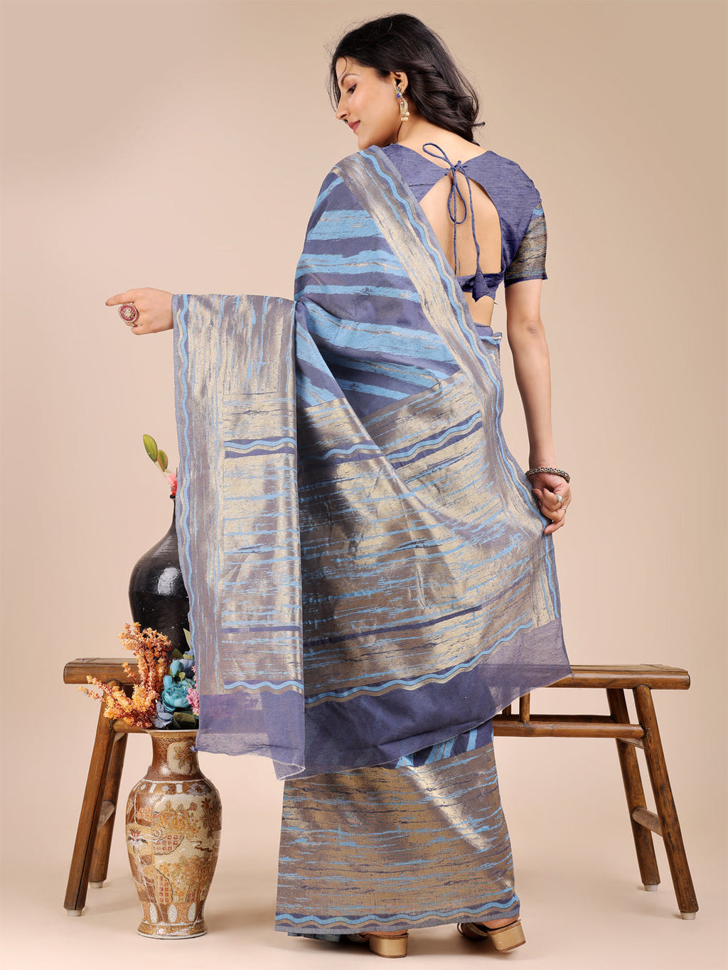 Shree Shyam Fashion Blue Cotton Woven Zari Work Traditional Tassel Saree