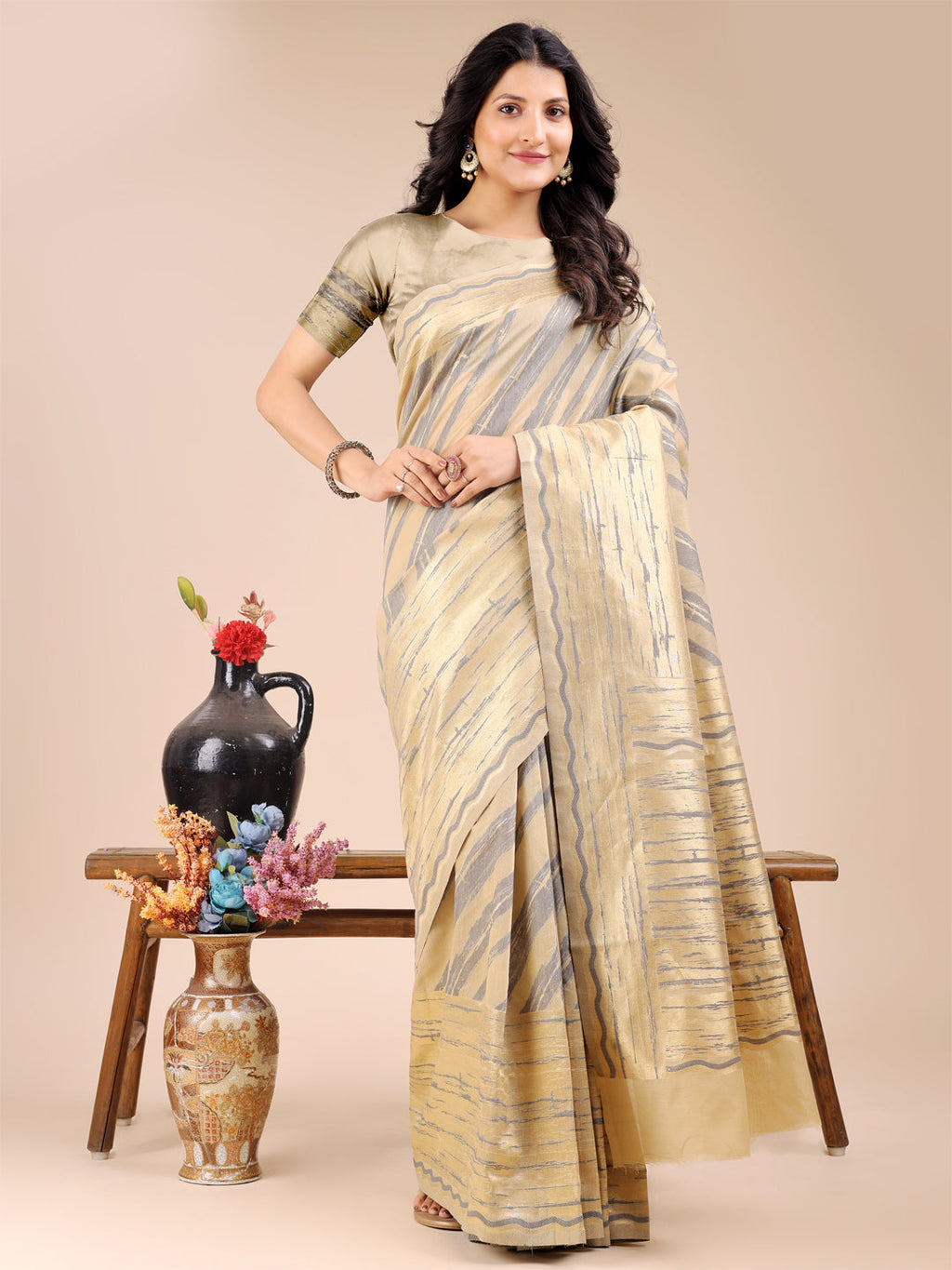 Shree Shyam Fashion Cream Cotton Woven Zari Work Traditional Tassel Saree