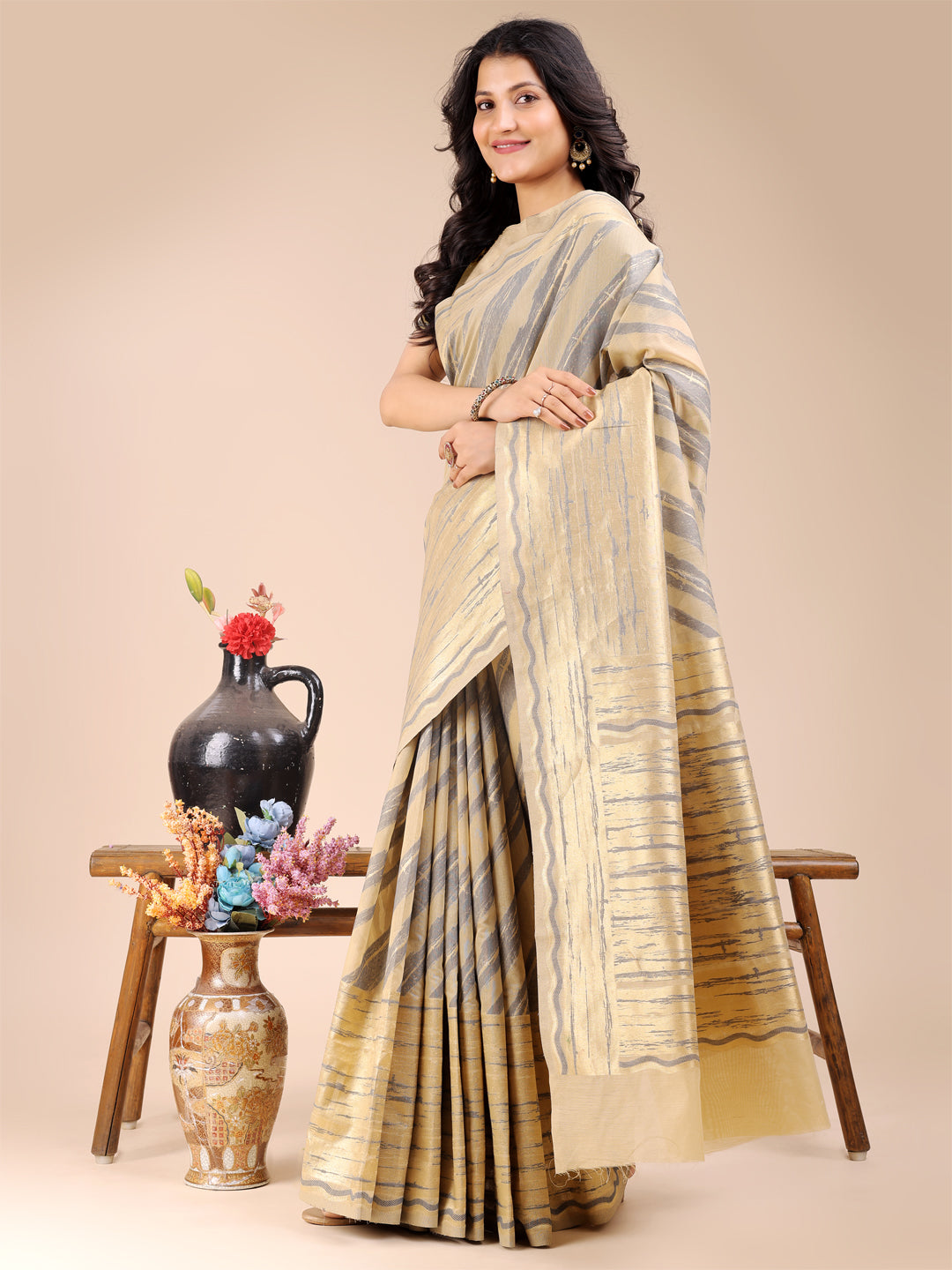Shree Shyam Fashion Cream Cotton Woven Zari Work Traditional Tassel Saree