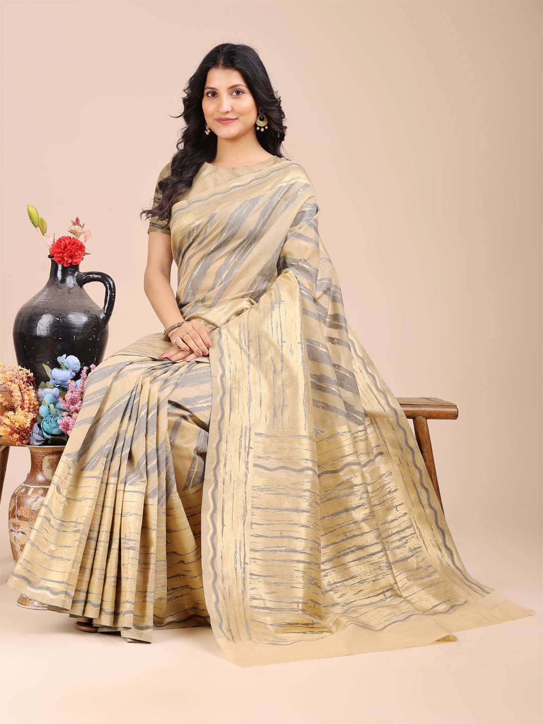 Shree Shyam Fashion Cream Cotton Woven Zari Work Traditional Tassel Saree