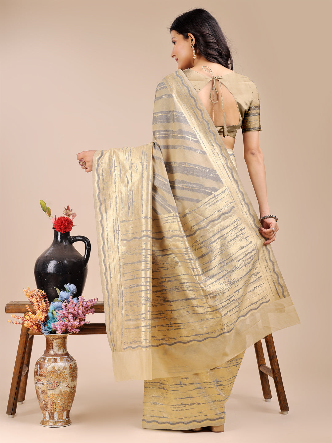 Shree Shyam Fashion Cream Cotton Woven Zari Work Traditional Tassel Saree