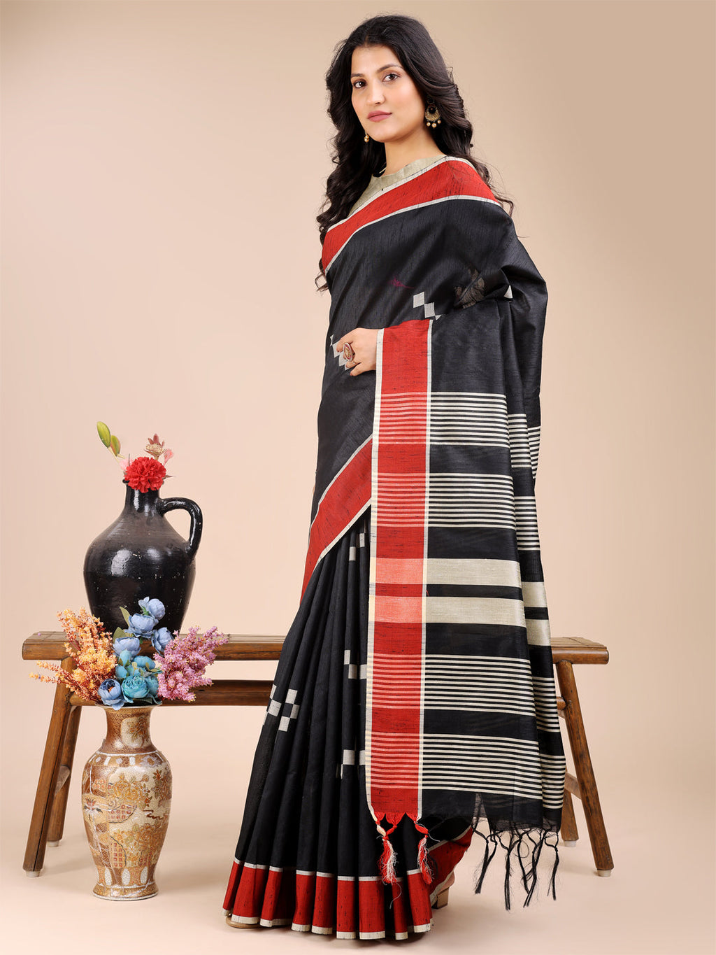 Shree Shyam Fashion Black Cotton Woven Zari Work Traditional Tassel Saree