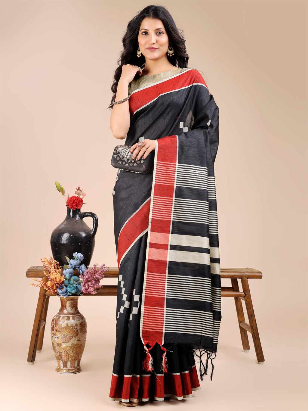 Shree Shyam Fashion Black Cotton Woven Zari Work Traditional Tassel Saree