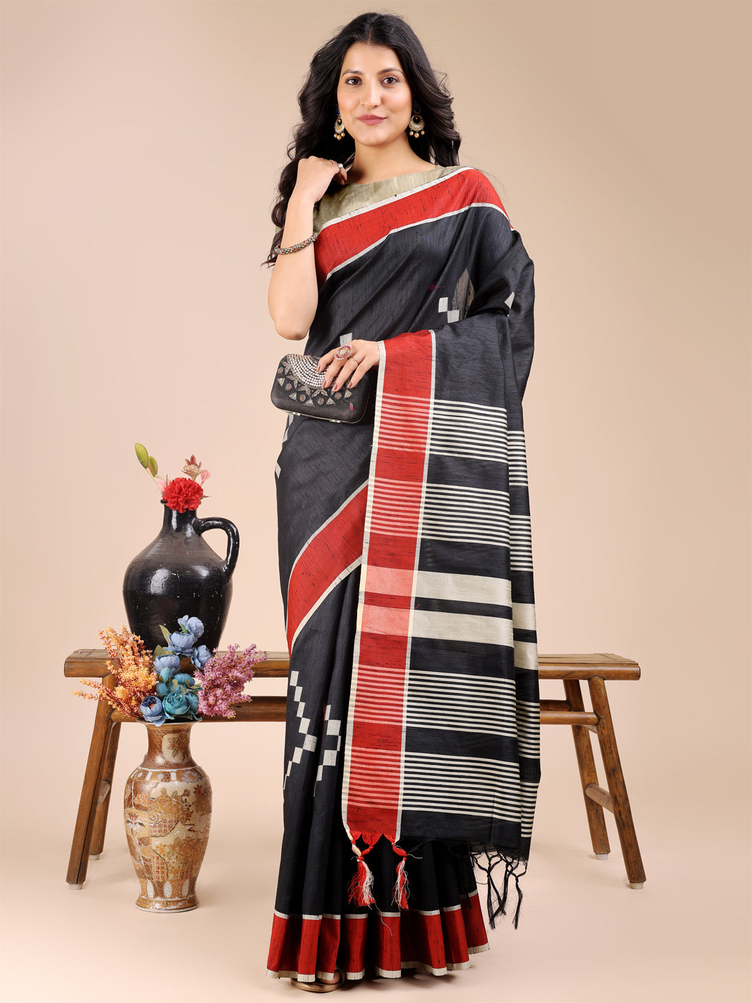 Shree Shyam Fashion Black Cotton Woven Zari Work Traditional Tassel Saree