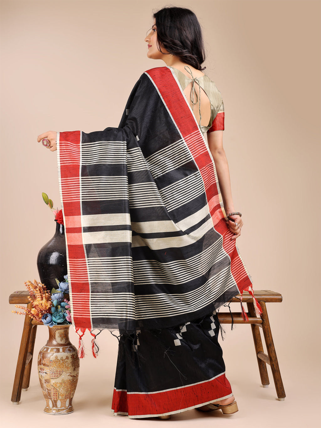 Shree Shyam Fashion Black Cotton Woven Zari Work Traditional Tassel Saree