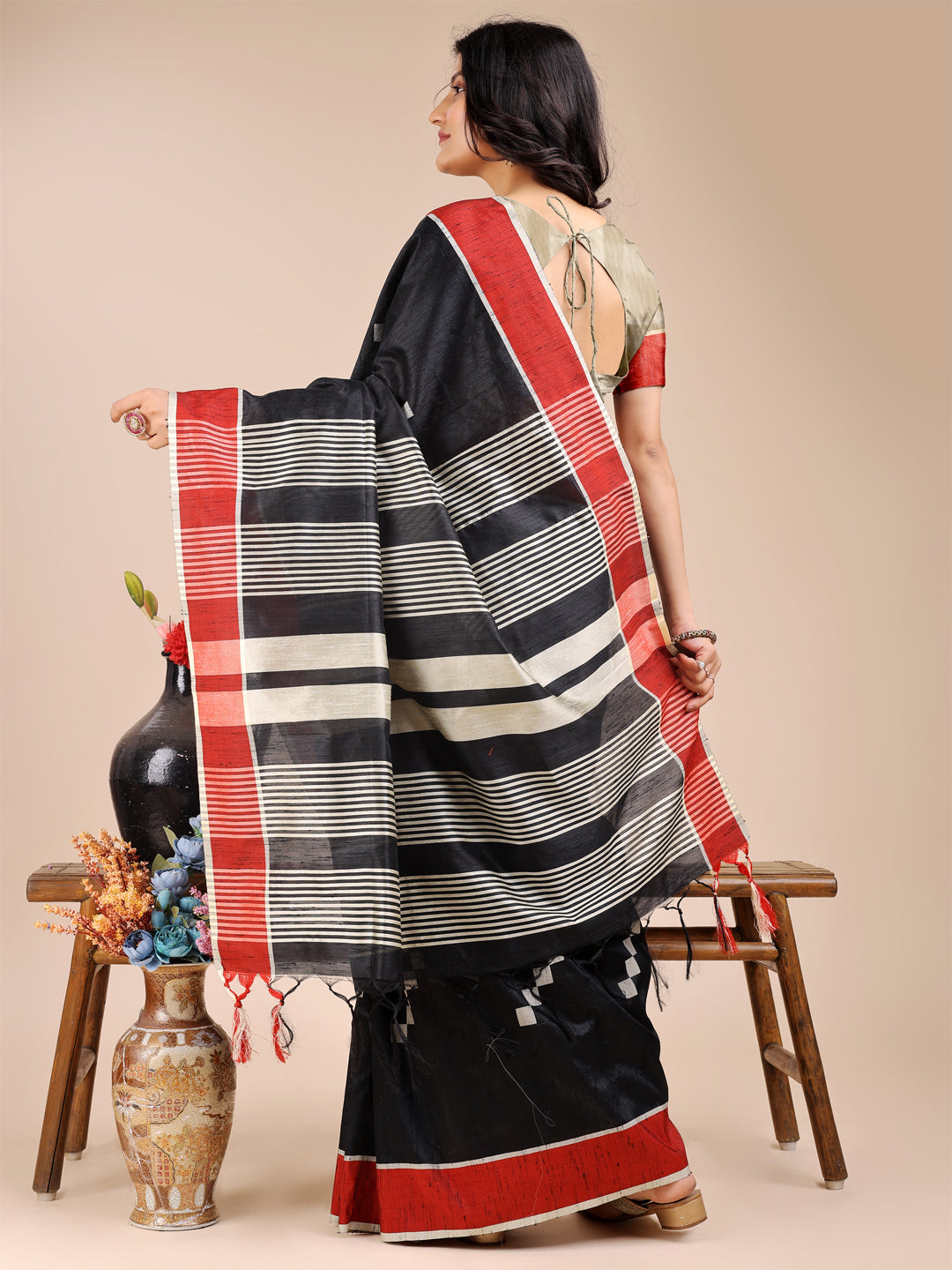 Shree Shyam Fashion Black Cotton Woven Zari Work Traditional Tassel Saree