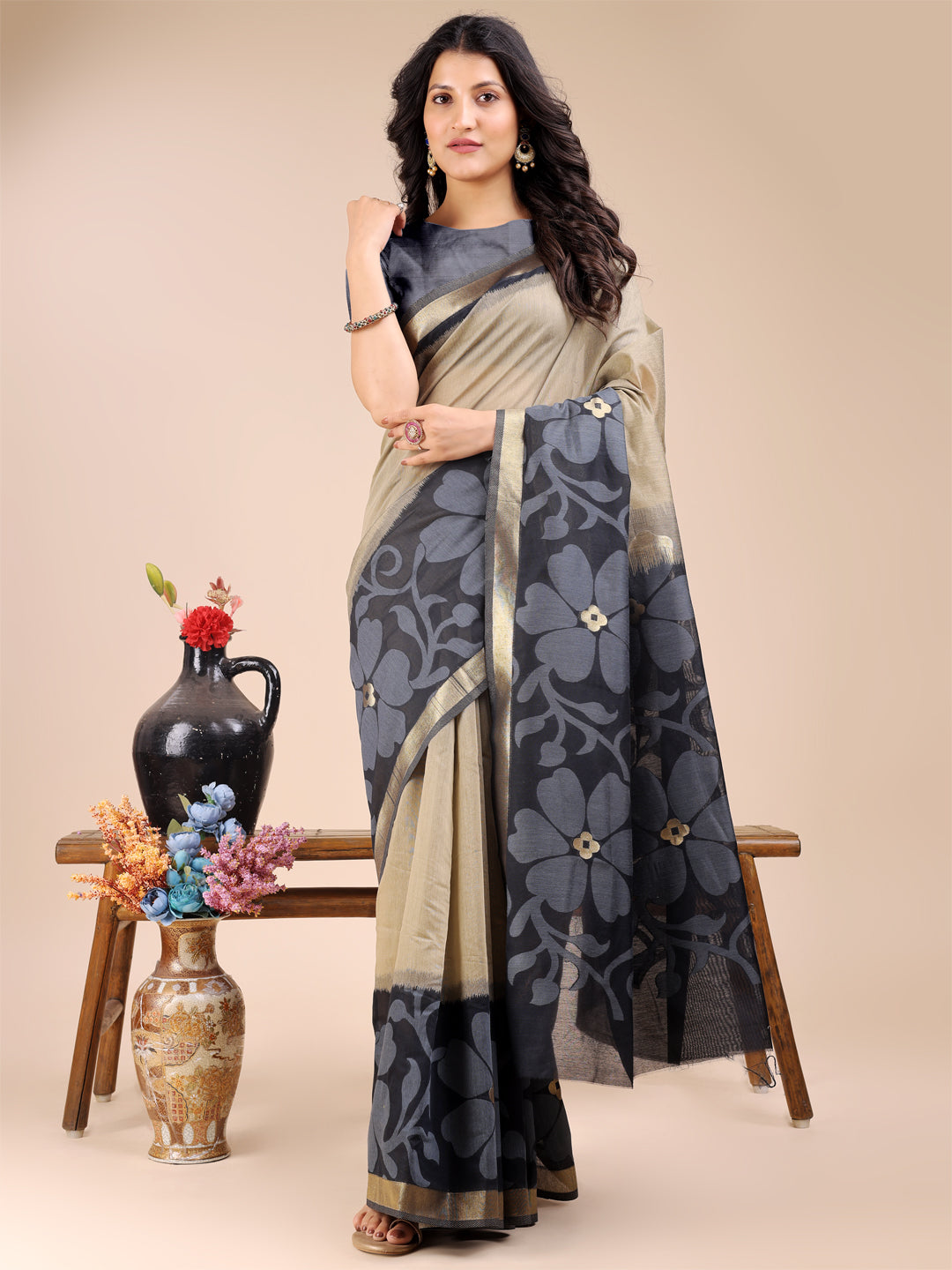 Shree Shyam Fashion Cream & Black Cotton Woven Zari Work Traditional Tassel Saree