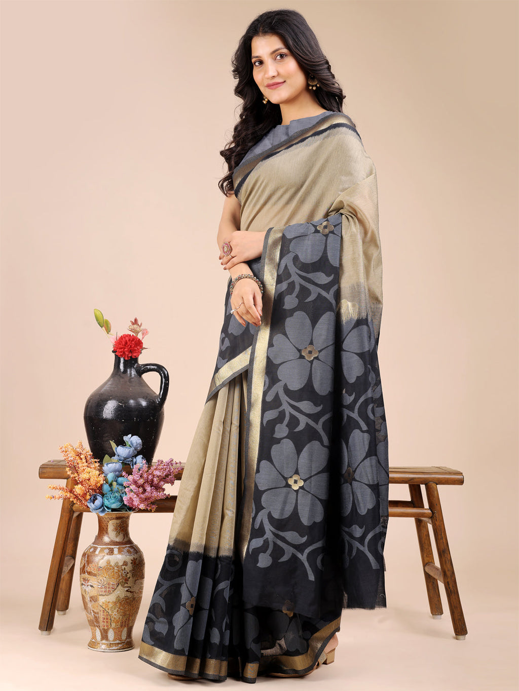 Shree Shyam Fashion Cream & Black Cotton Woven Zari Work Traditional Tassel Saree