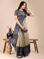 Shree Shyam Fashion Cream & Black Cotton Woven Zari Work Traditional Tassel Saree