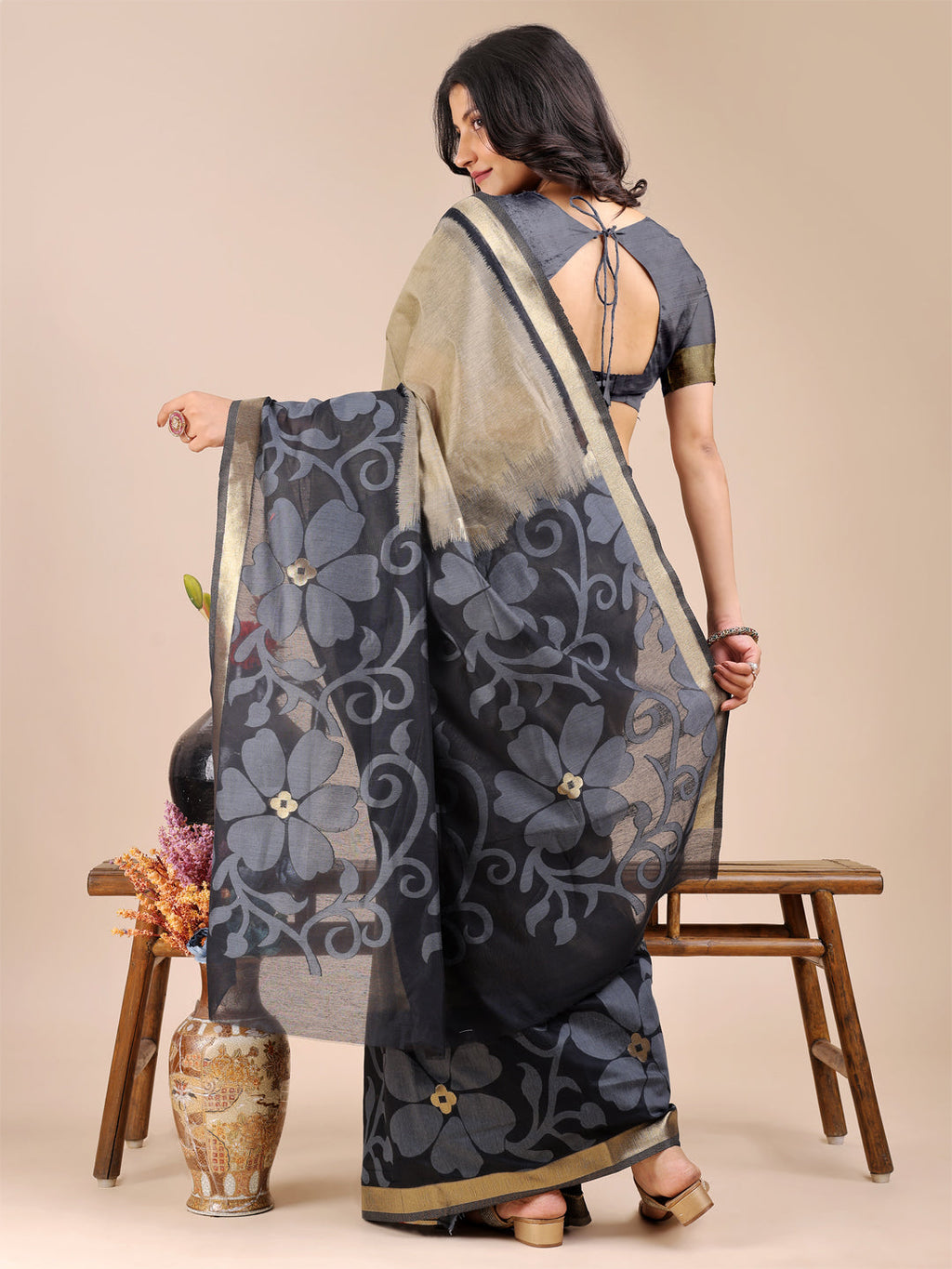 Shree Shyam Fashion Cream & Black Cotton Woven Zari Work Traditional Tassel Saree