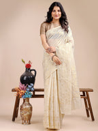 Shree Shyam Fashion Off White Cotton Woven Zari Work Traditional Tassel Saree