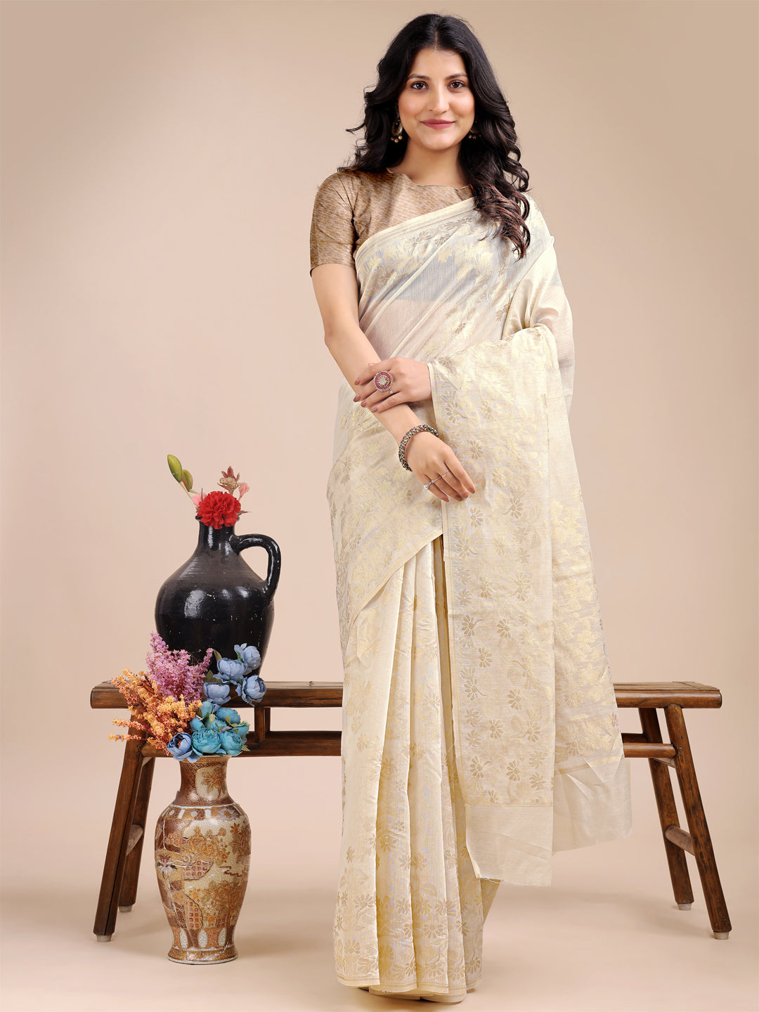 Shree Shyam Fashion Off White Cotton Woven Zari Work Traditional Tassel Saree