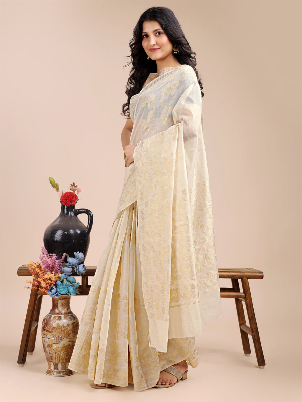 Shree Shyam Fashion Off White Cotton Woven Zari Work Traditional Tassel Saree