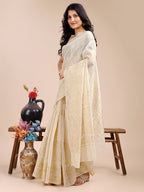 Shree Shyam Fashion Off White Cotton Woven Zari Work Traditional Tassel Saree