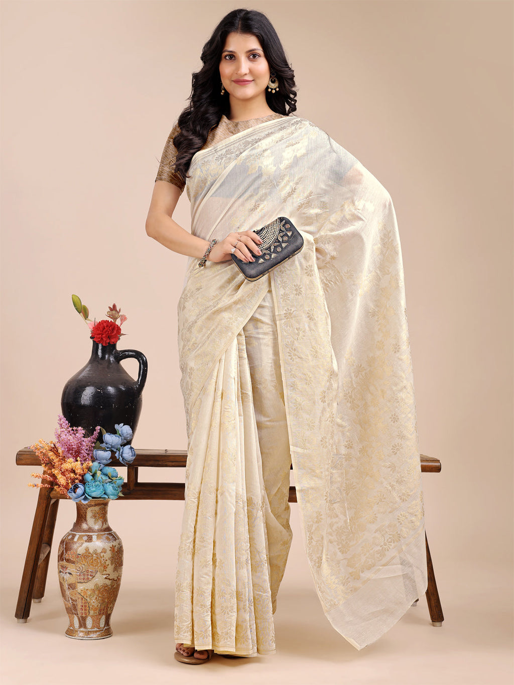 Shree Shyam Fashion Off White Cotton Woven Zari Work Traditional Tassel Saree