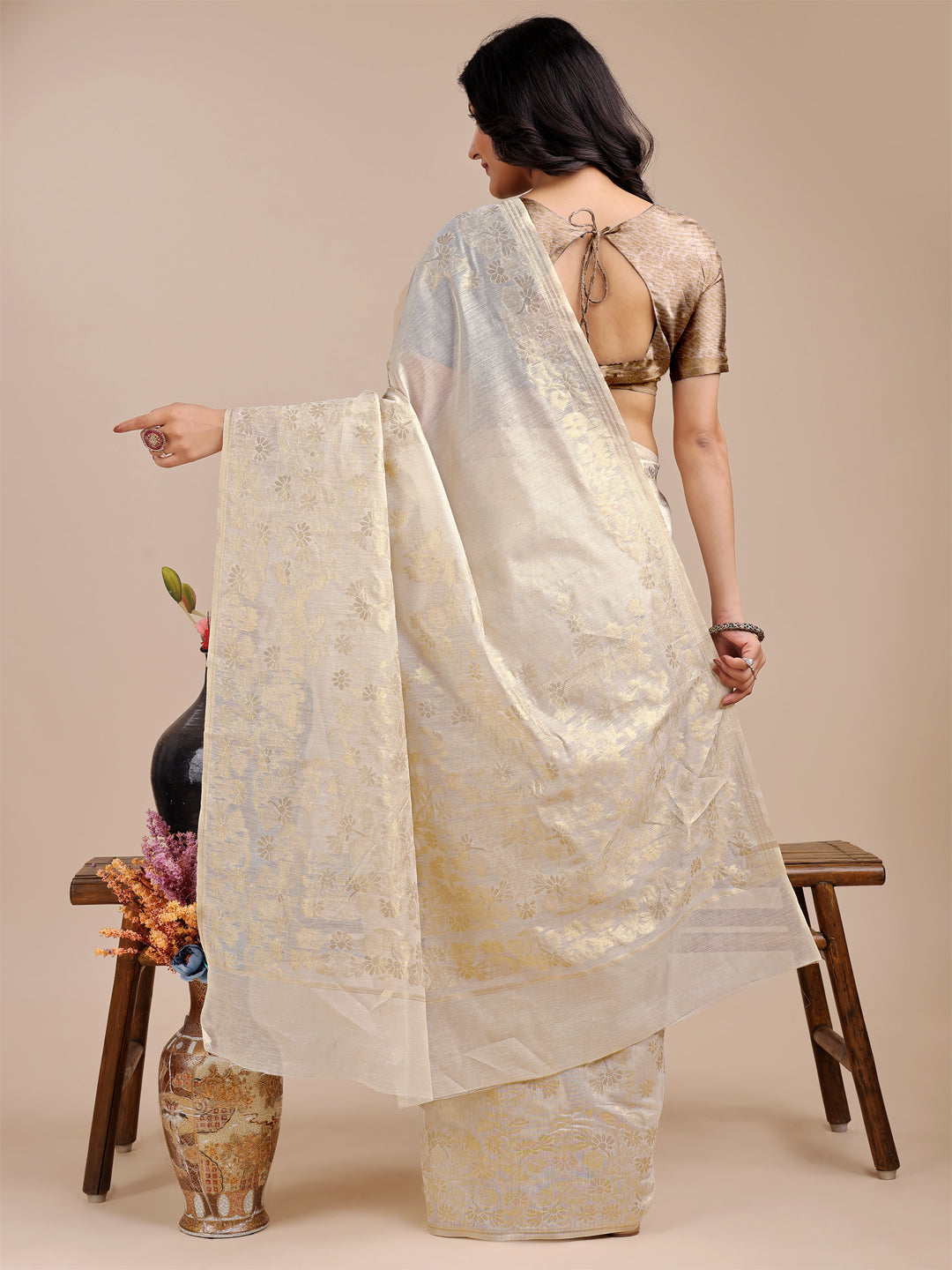 Shree Shyam Fashion Off White Cotton Woven Zari Work Traditional Tassel Saree