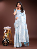 Shree Shyam Fashion Sky Blue Linen Cotton Saree - Elegant Simplicity for Everyday Grace
