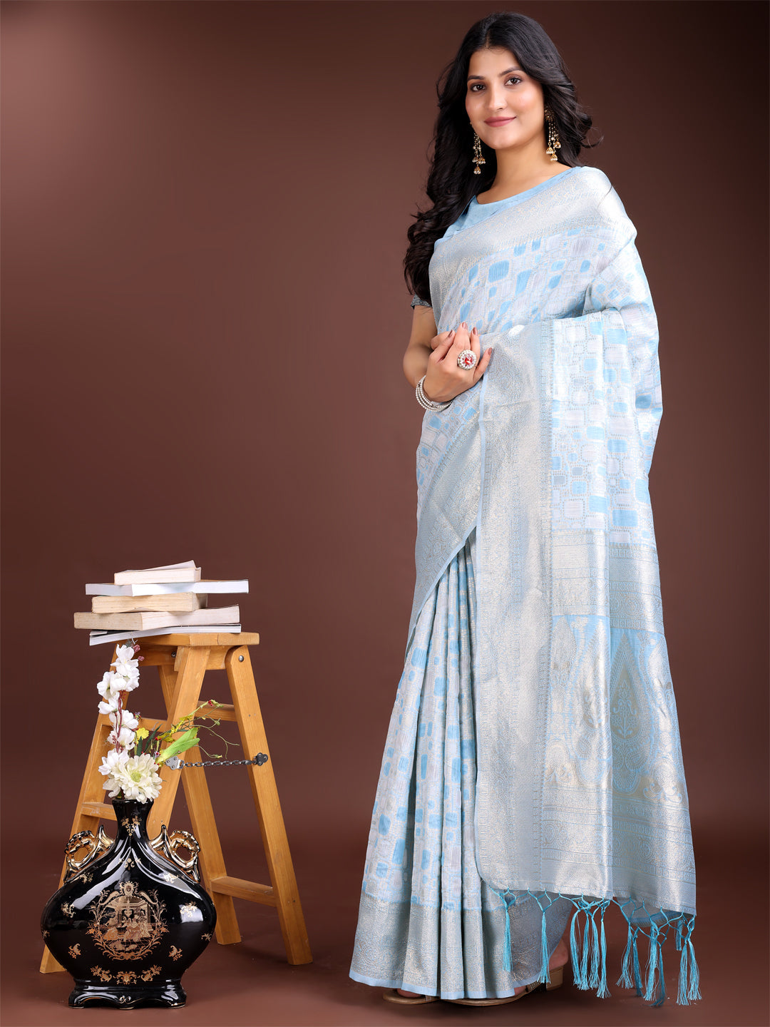 Shree Shyam Fashion Sky Blue Linen Cotton Saree - Elegant Simplicity for Everyday Grace