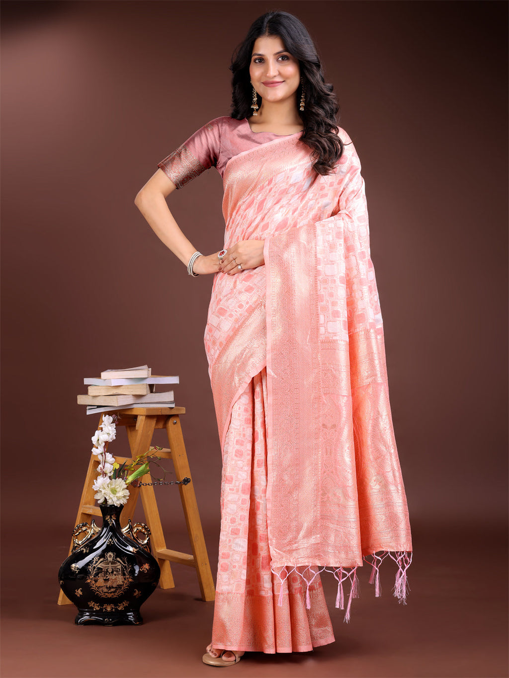 Shree Shyam Fashion Peach Linen Cotton Saree - Elegant Simplicity for Everyday Grace