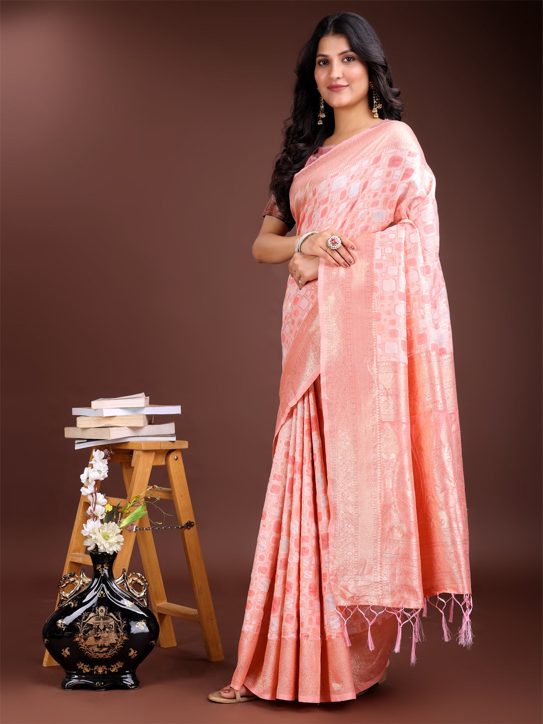 Shree Shyam Fashion Peach Linen Cotton Saree - Elegant Simplicity for Everyday Grace