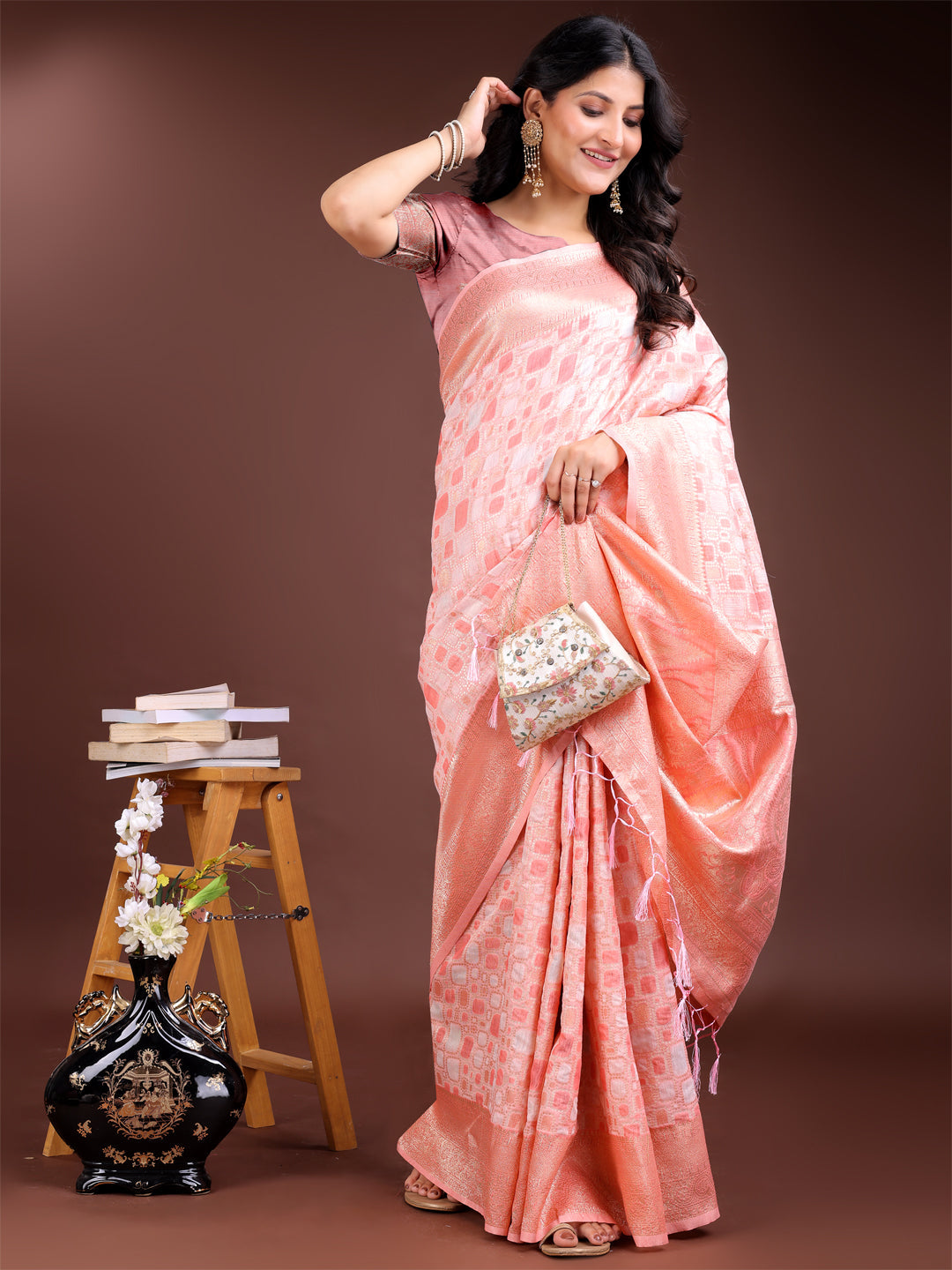 Shree Shyam Fashion Peach Linen Cotton Saree - Elegant Simplicity for Everyday Grace