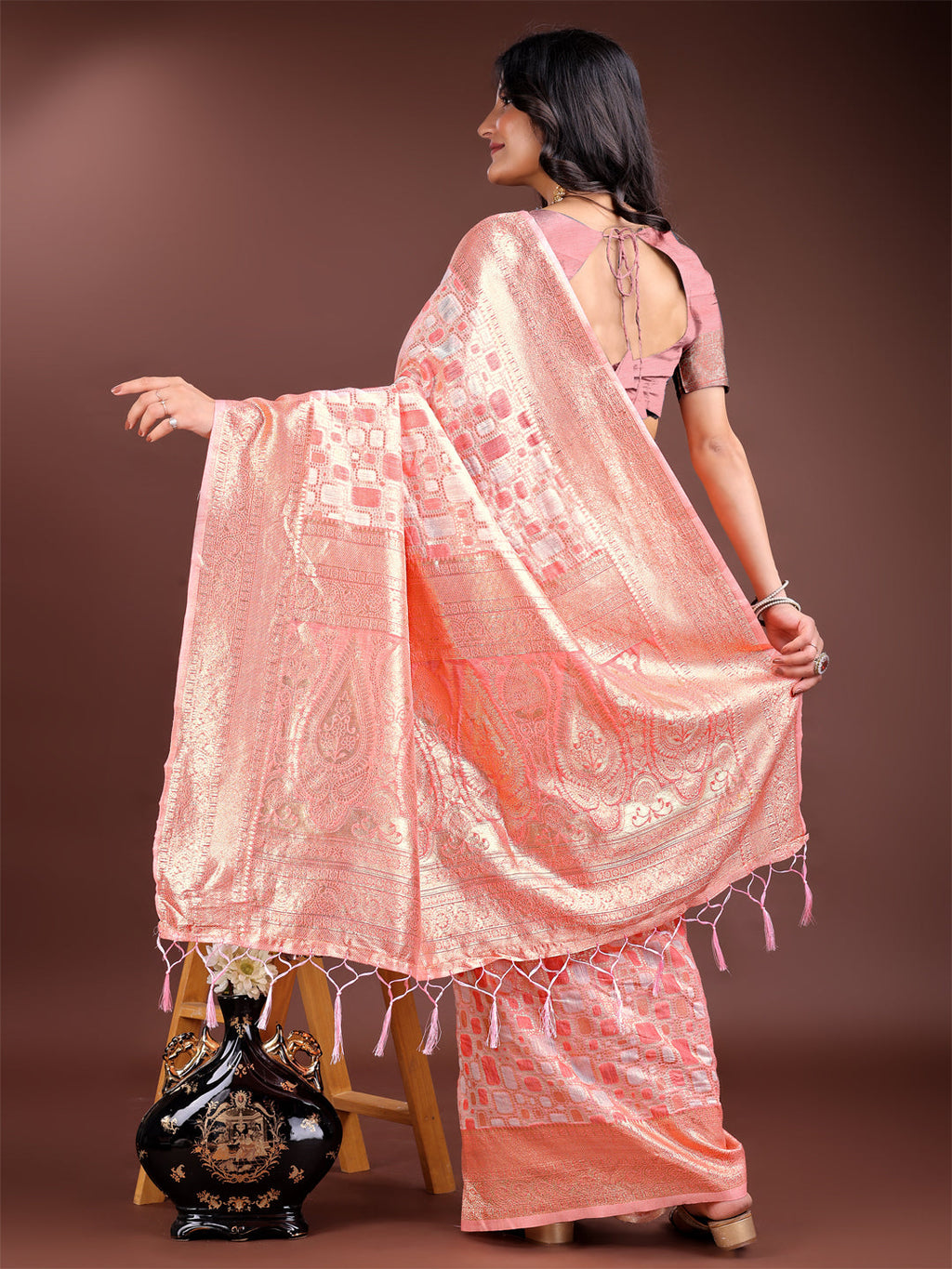 Shree Shyam Fashion Peach Linen Cotton Saree - Elegant Simplicity for Everyday Grace