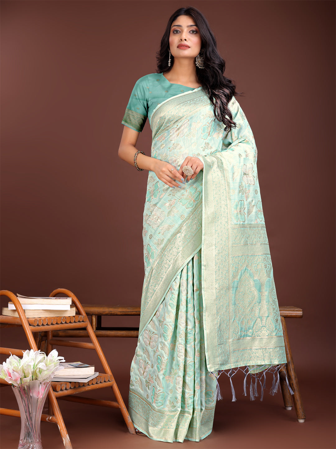 Shree Shyam Fashion Elegant Sea Green Cotton Saree with Golden Zari Work - Graceful Comfort for Everyday & Festive Wear