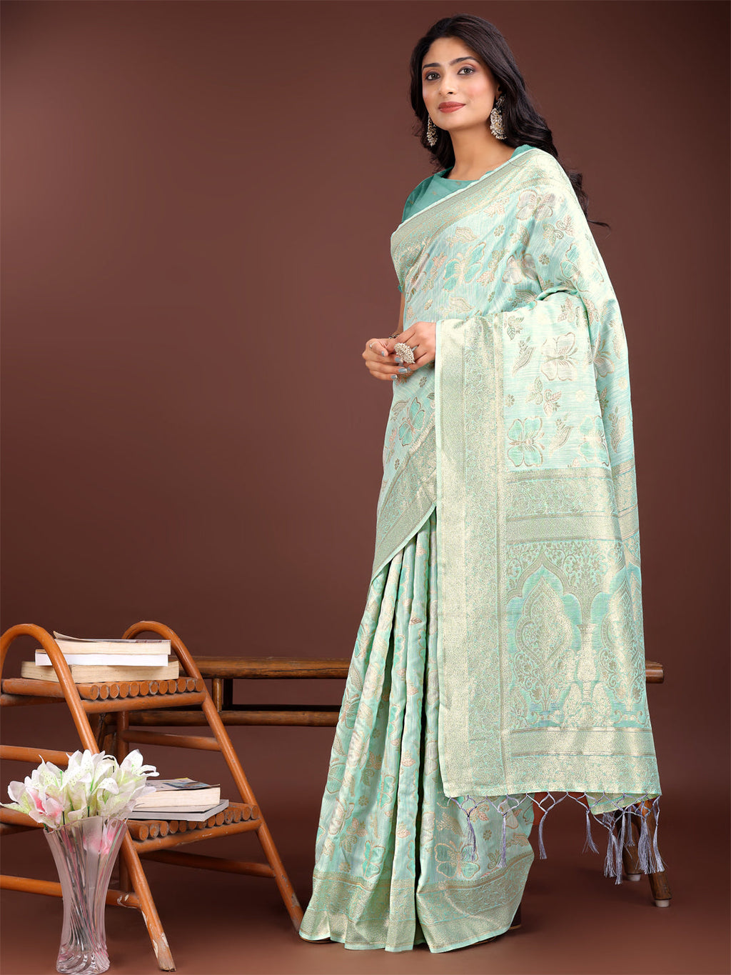 Shree Shyam Fashion Elegant Sea Green Cotton Saree with Golden Zari Work - Graceful Comfort for Everyday & Festive Wear