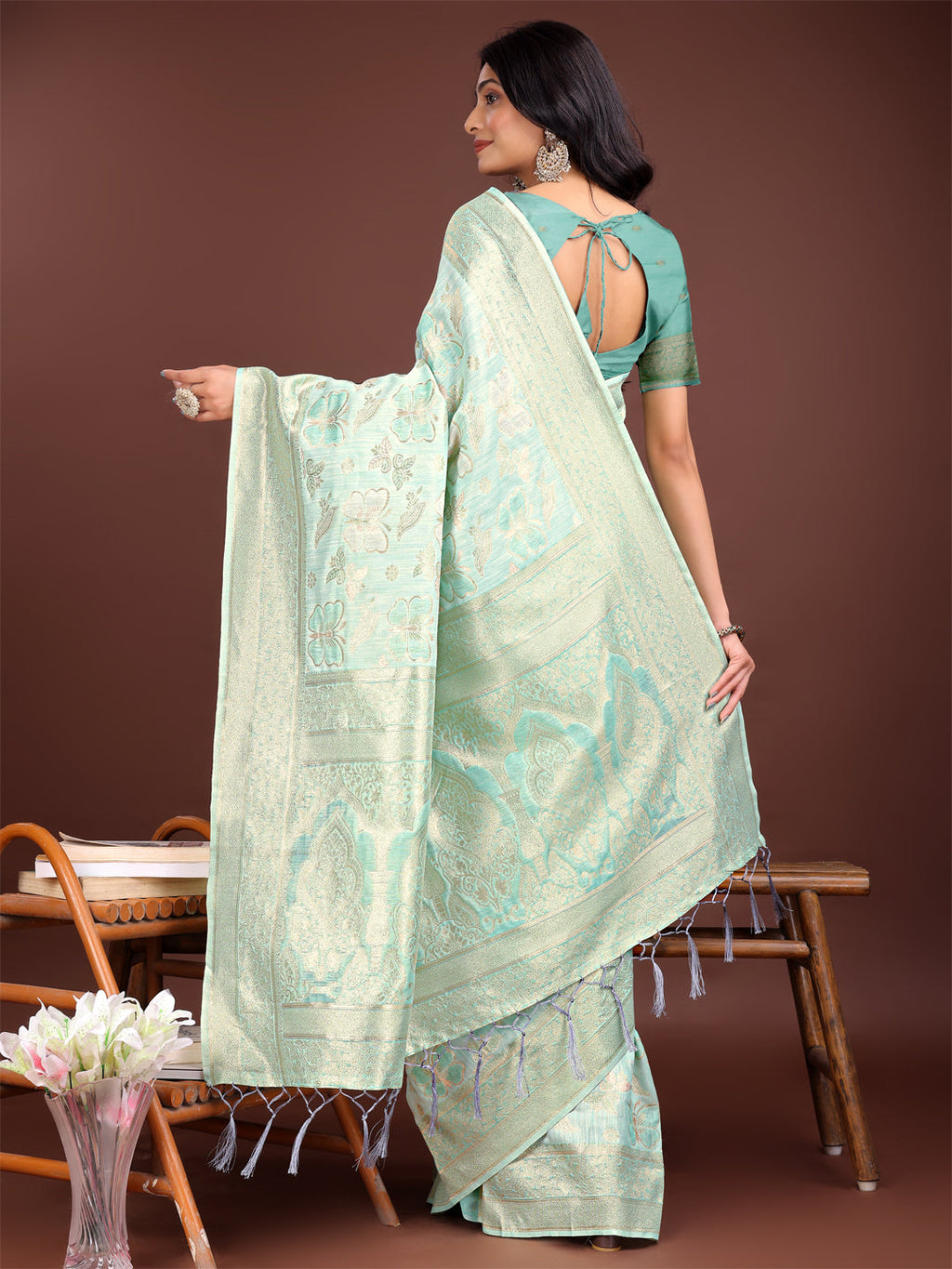 Shree Shyam Fashion Elegant Sea Green Cotton Saree with Golden Zari Work - Graceful Comfort for Everyday & Festive Wear