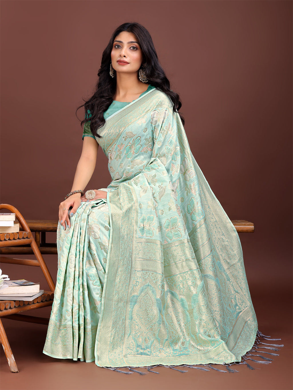 Shree Shyam Fashion Elegant Sea Green Cotton Saree with Golden Zari Work - Graceful Comfort for Everyday & Festive Wear