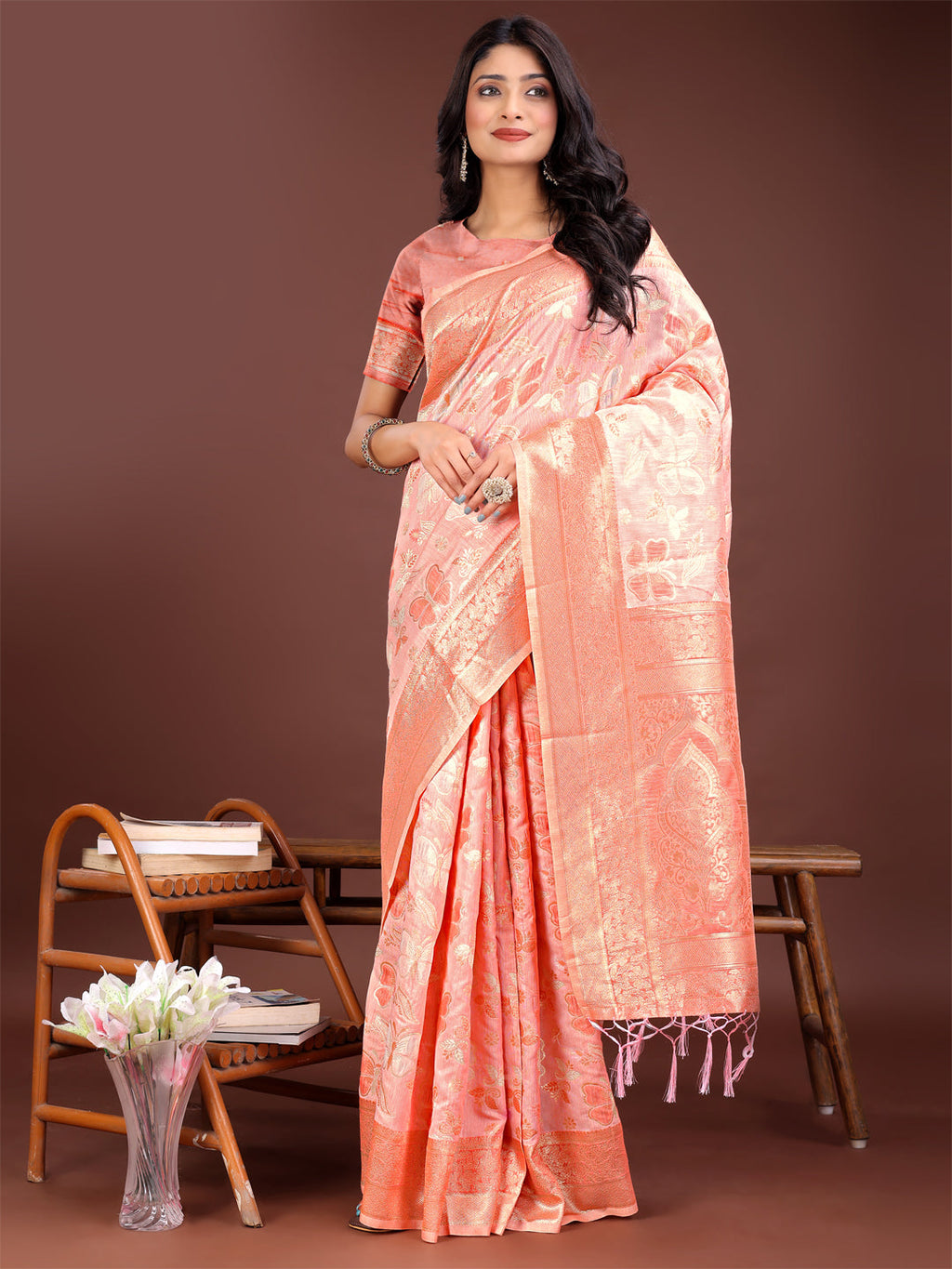 Shree Shyam Fashion Elegant Orange Cotton Saree with Golden Zari Work - Graceful Comfort for Everyday & Festive Wear