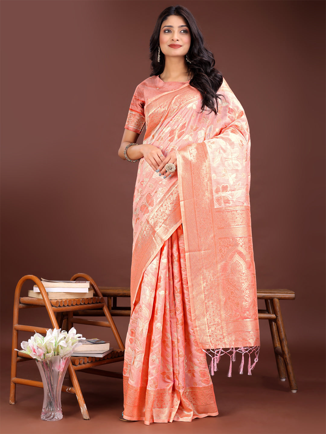 Shree Shyam Fashion Elegant Orange Cotton Saree with Golden Zari Work - Graceful Comfort for Everyday & Festive Wear