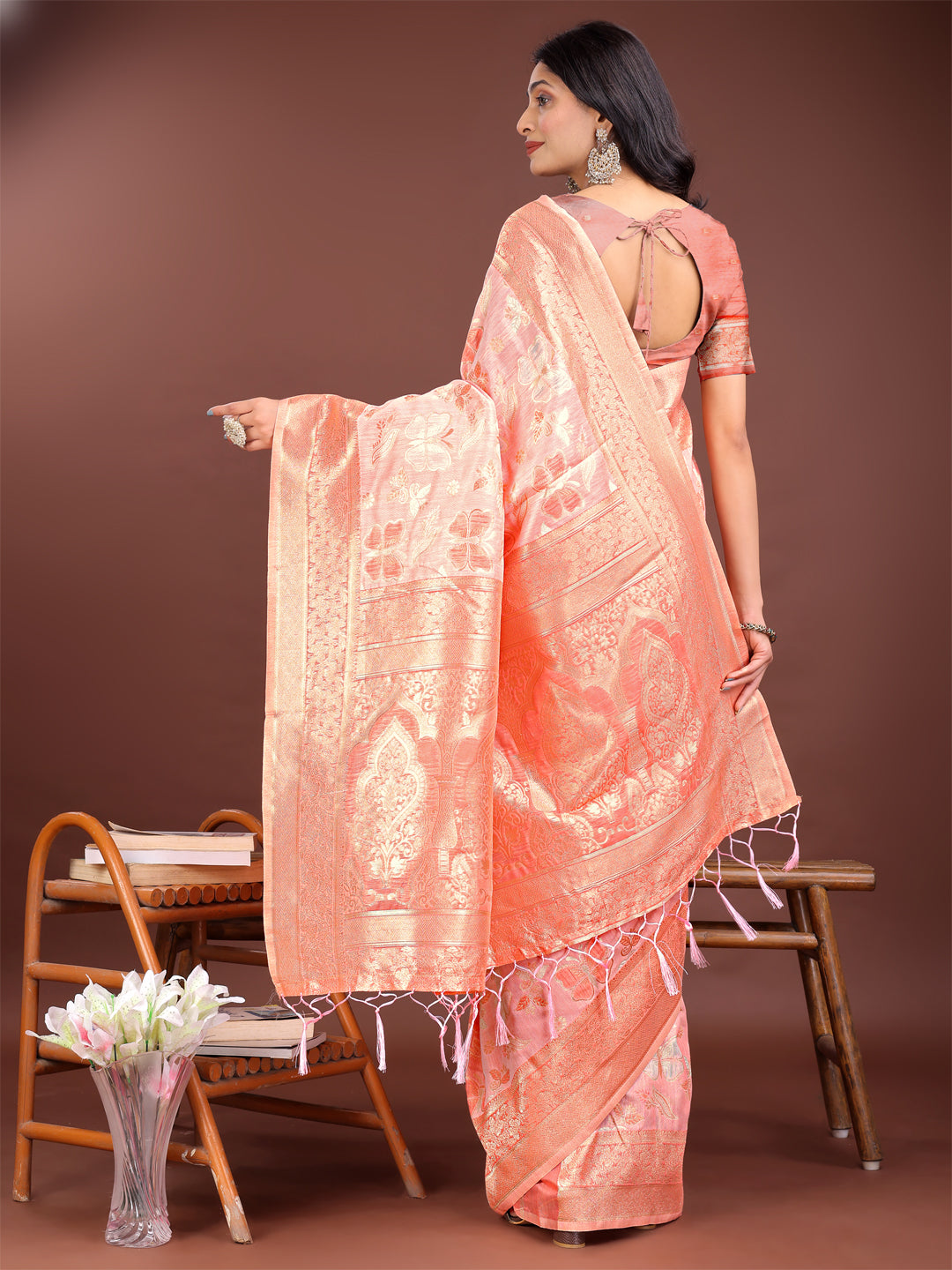 Shree Shyam Fashion Elegant Orange Cotton Saree with Golden Zari Work - Graceful Comfort for Everyday & Festive Wear