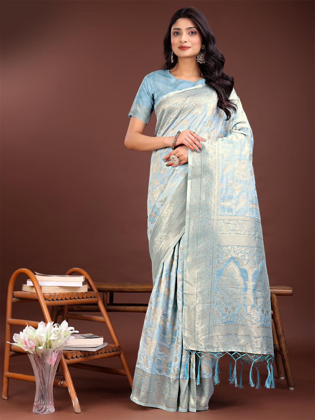 Shree Shyam Fashion Elegant Sky Blue Cotton Saree with Golden Zari Work - Graceful Comfort for Everyday & Festive Wear