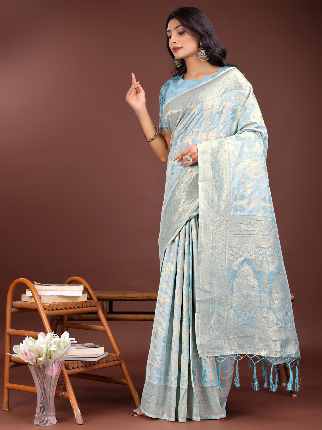 Shree Shyam Fashion Elegant Sky Blue Cotton Saree with Golden Zari Work - Graceful Comfort for Everyday & Festive Wear