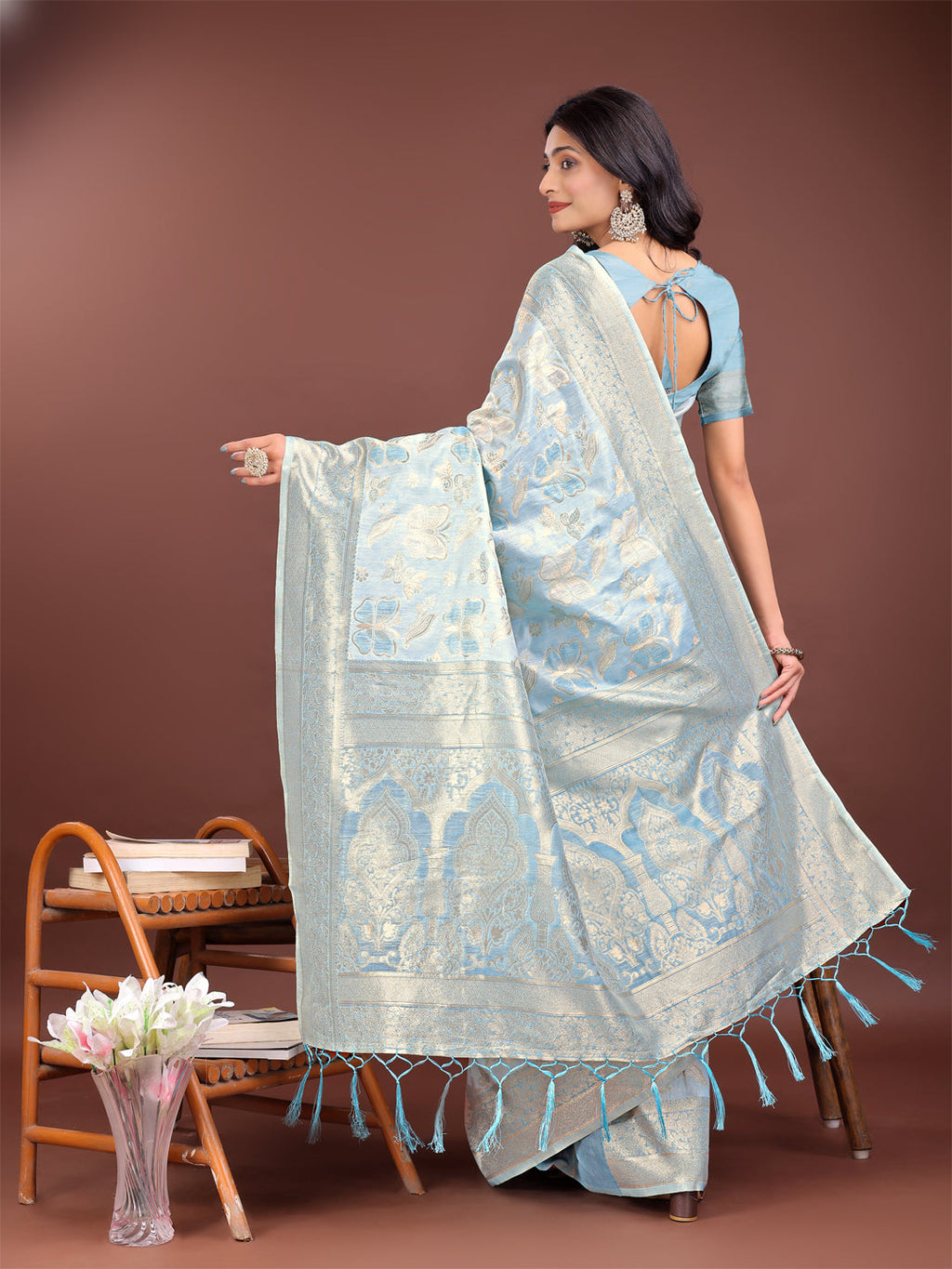 Shree Shyam Fashion Elegant Sky Blue Cotton Saree with Golden Zari Work - Graceful Comfort for Everyday & Festive Wear