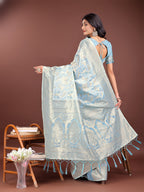 Shree Shyam Fashion Elegant Sky Blue Cotton Saree with Golden Zari Work - Graceful Comfort for Everyday & Festive Wear
