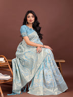 Shree Shyam Fashion Elegant Sky Blue Cotton Saree with Golden Zari Work - Graceful Comfort for Everyday & Festive Wear
