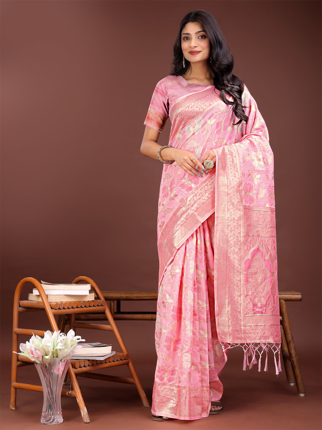Shree Shyam Fashion Elegant Pink Cotton Saree with Golden Zari Work - Graceful Comfort for Everyday & Festive Wear