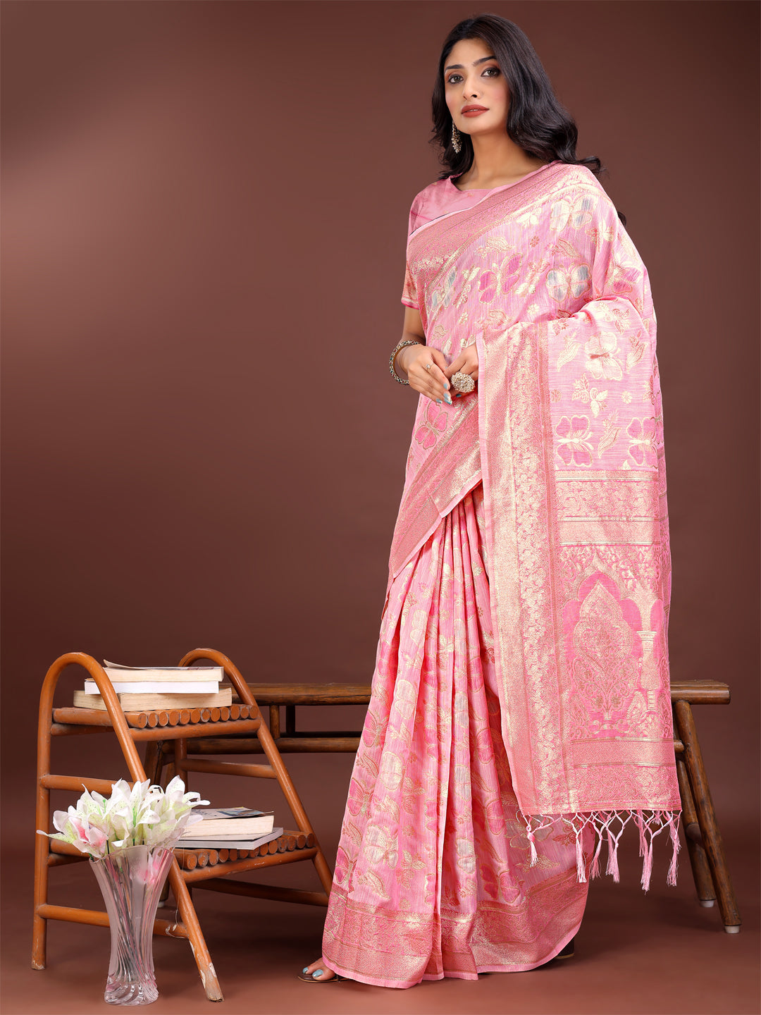 Shree Shyam Fashion Elegant Pink Cotton Saree with Golden Zari Work - Graceful Comfort for Everyday & Festive Wear