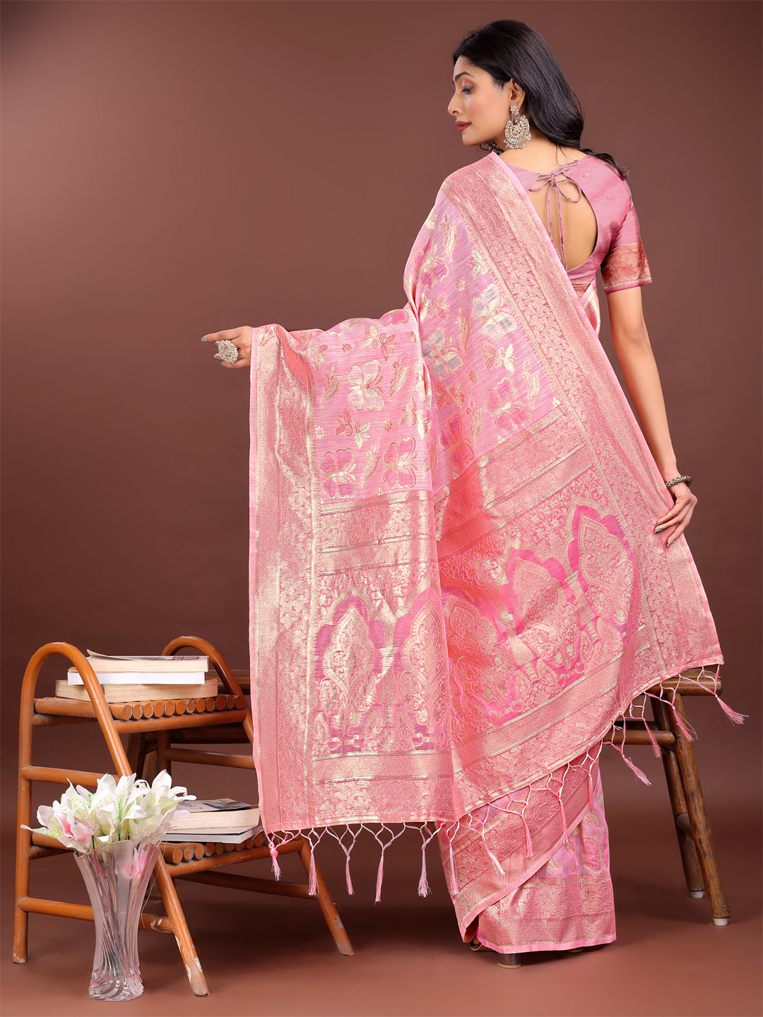 Shree Shyam Fashion Elegant Pink Cotton Saree with Golden Zari Work - Graceful Comfort for Everyday & Festive Wear