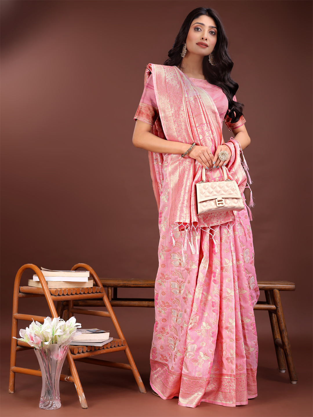 Shree Shyam Fashion Elegant Pink Cotton Saree with Golden Zari Work - Graceful Comfort for Everyday & Festive Wear