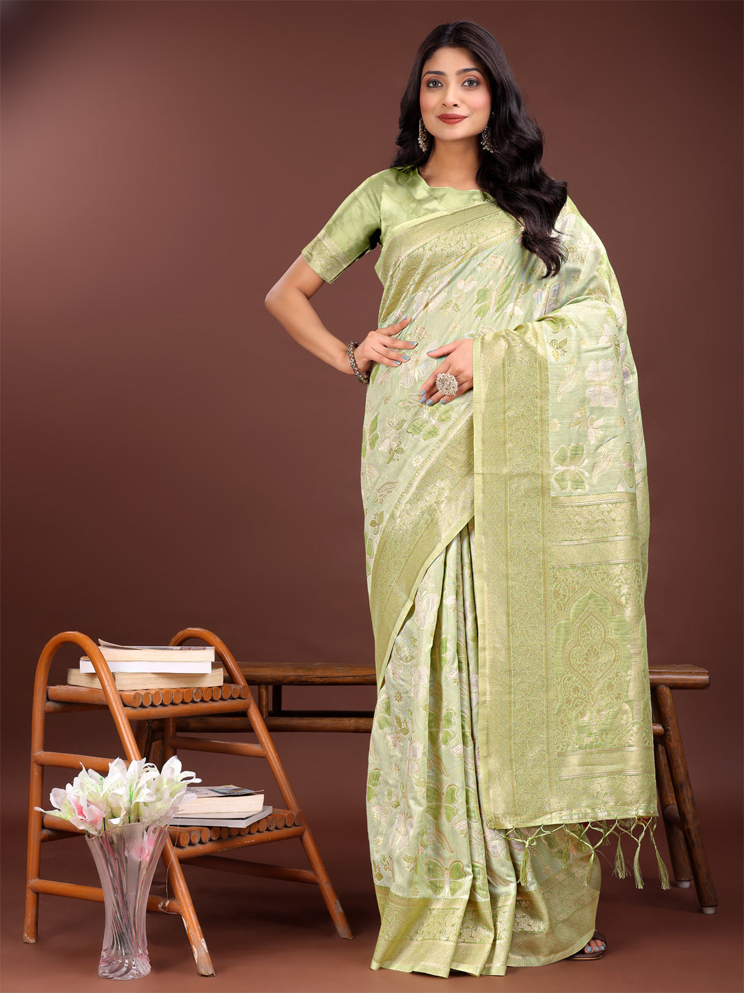 Shree Shyam Fashion Elegant Light Green Cotton Saree with Golden Zari Work - Graceful Comfort for Everyday & Festive Wear