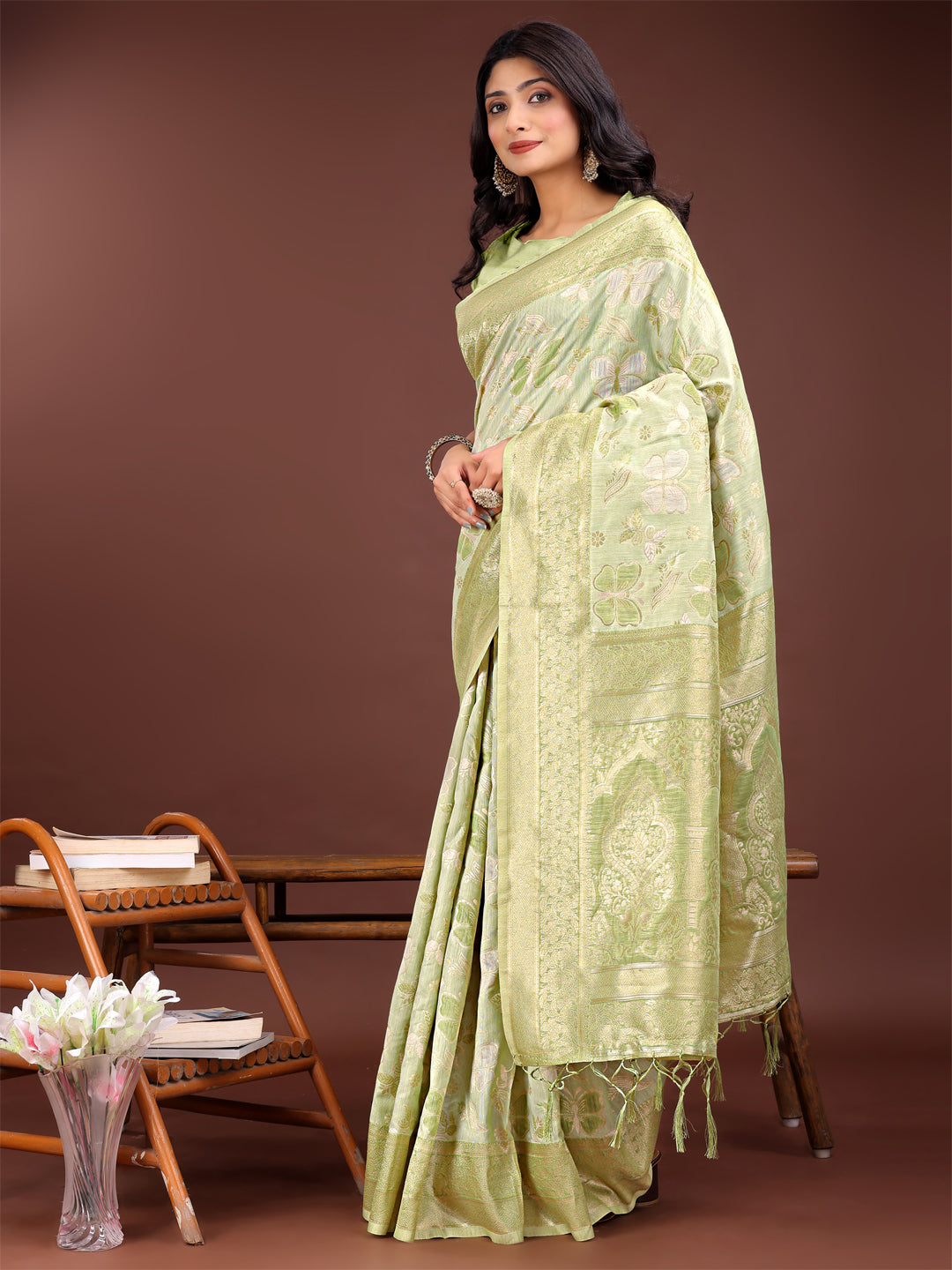 Shree Shyam Fashion Elegant Light Green Cotton Saree with Golden Zari Work - Graceful Comfort for Everyday & Festive Wear